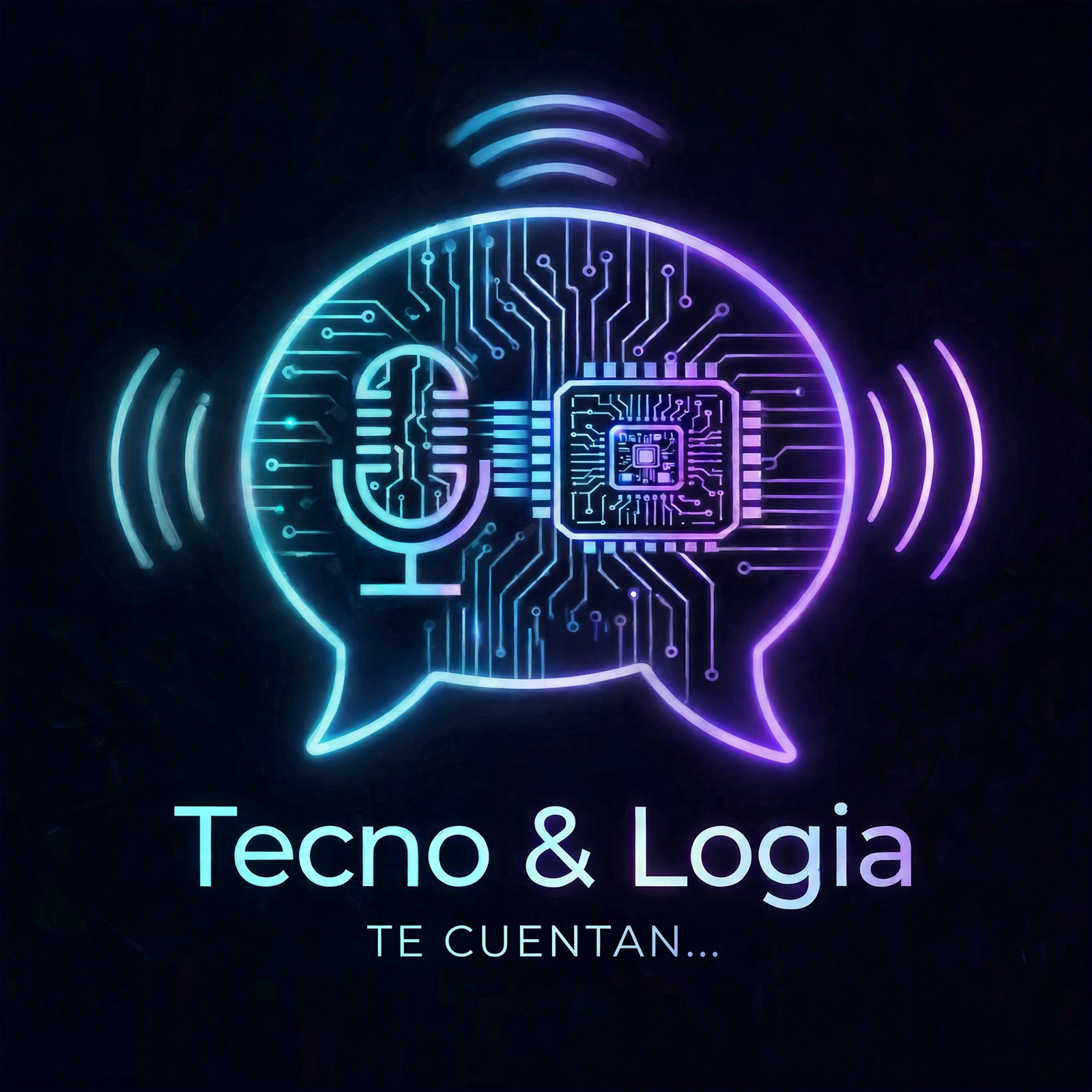 Portada de Tecno & Logia te cuentan, con un micrófono y un chip unidos por circuitos de neón
